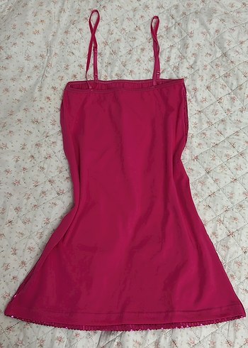 Parlak Pembe Askılı Mini Elbise - Görsel 5