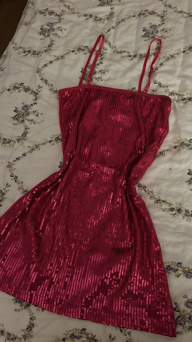 Parlak Pembe Askılı Mini Elbise - Görsel 2