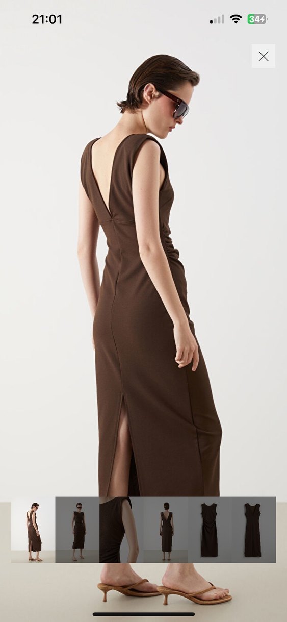 Kahverengi Midi Drapeli Kadın Elbise - Görsel 2