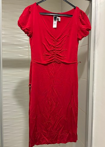 Kırmızı Drapeli V Yakalı Midi Elbise - Görsel 2