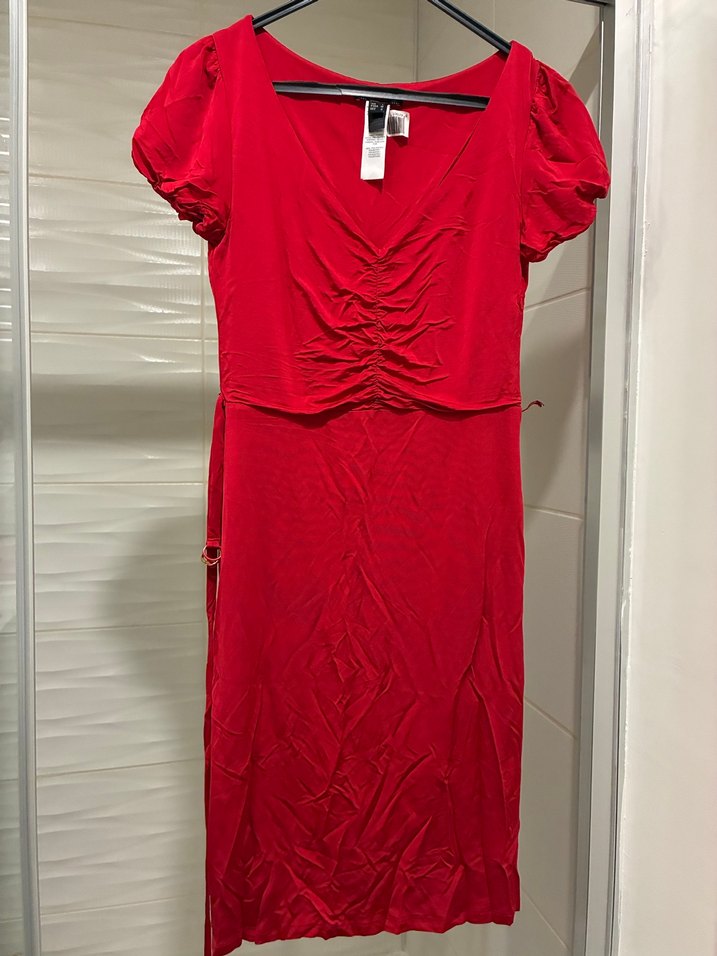 Kırmızı Drapeli V Yakalı Midi Elbise - Görsel 2