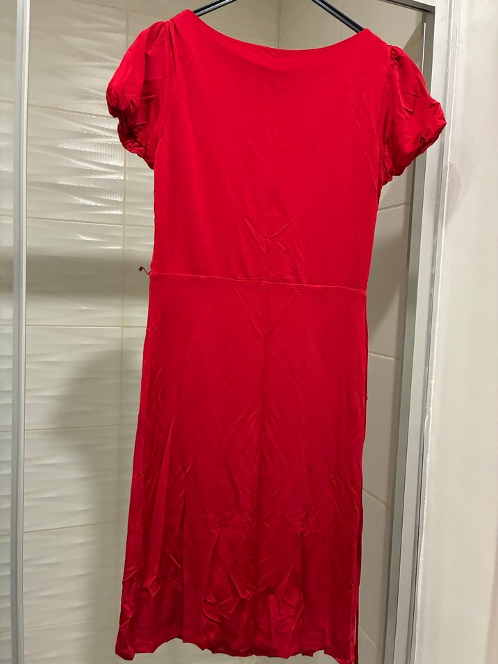 Kırmızı Drapeli V Yakalı Midi Elbise - Görsel 3