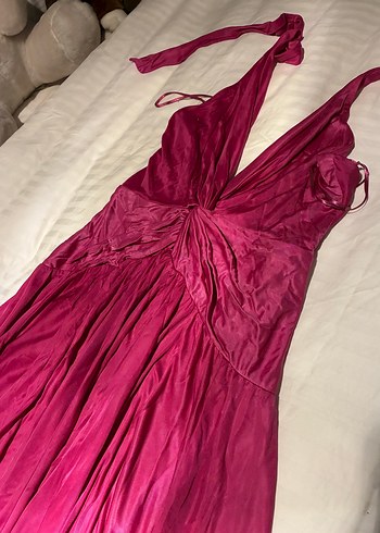 Pembe Uzun Askılı Drapeli Kadın Elbise - Görsel 4