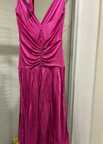 Pembe Uzun Askılı Drapeli Kadın Elbise - Görsel 2