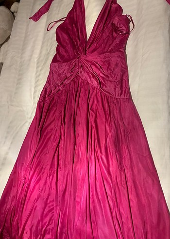 Pembe Uzun Askılı Drapeli Kadın Elbise - Görsel 3