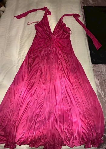 Pembe Uzun Askılı Drapeli Kadın Elbise - Görsel 5