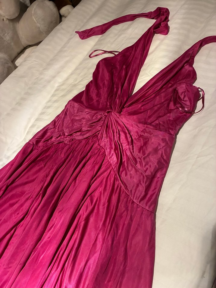 Pembe Uzun Askılı Drapeli Kadın Elbise - Görsel 4