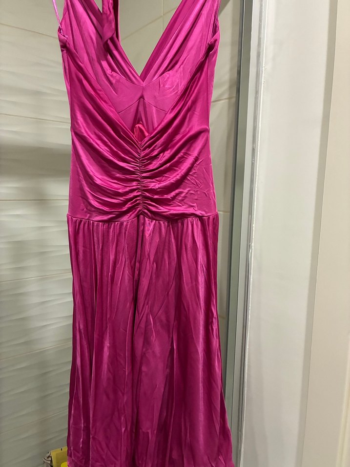 Pembe Uzun Askılı Drapeli Kadın Elbise - Görsel 2