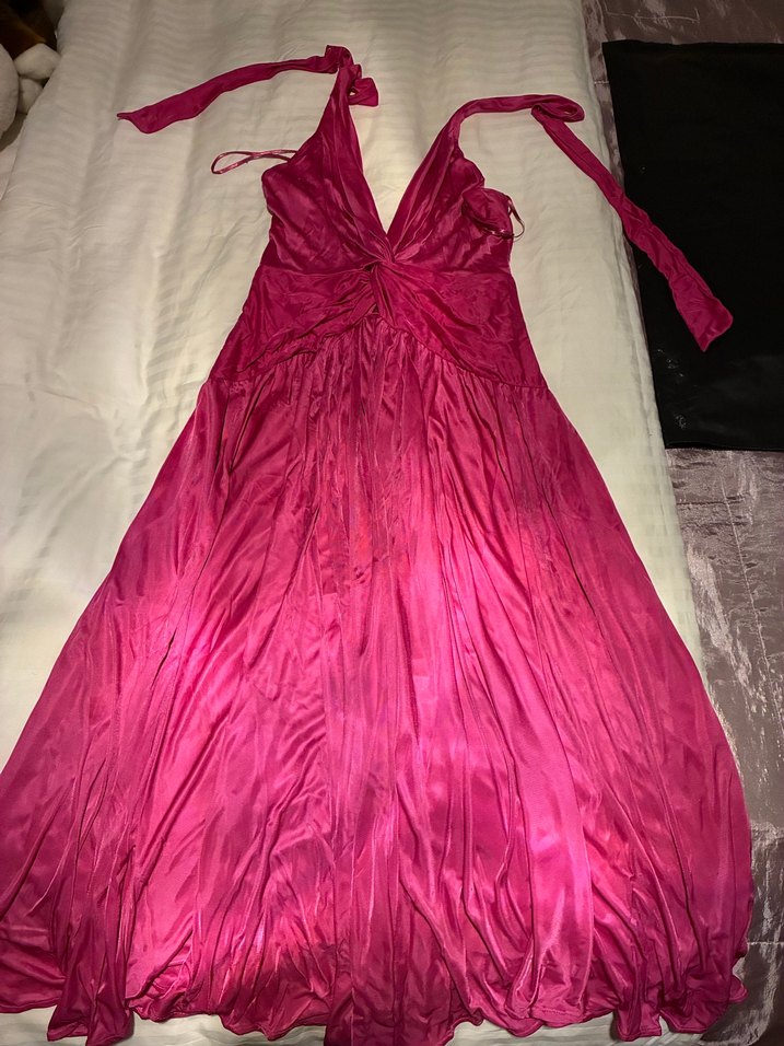 Pembe Uzun Askılı Drapeli Kadın Elbise - Görsel 5