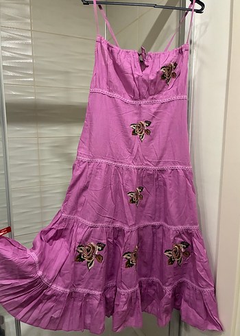 Mor Nakışlı Uzun Bohem Elbise - Görsel 3