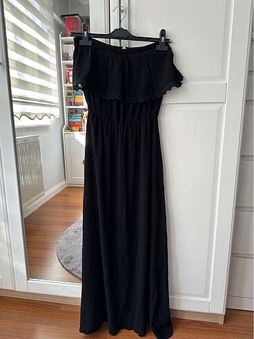 Batik Straplez Uzun Siyah Elbise