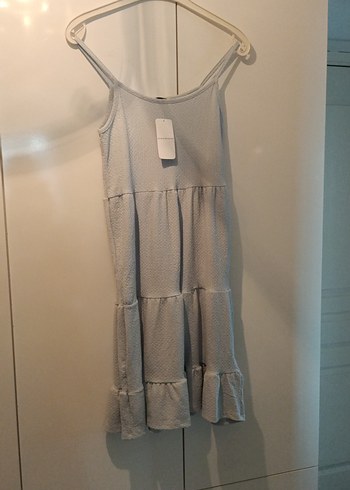 Gri veya buz mavisi Midi Elbise Ruffle Detaylı