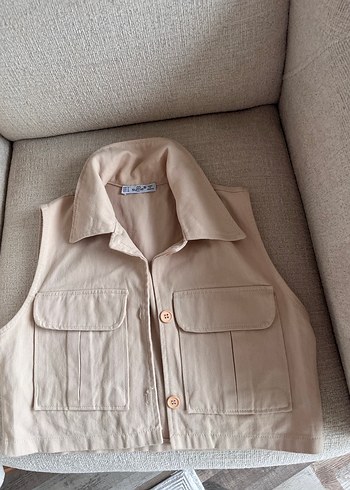 Düğmeli Bej Keten Kadın Yelek - Görsel 2