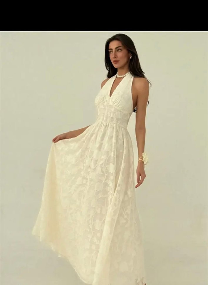 V Yaka Beyaz Dantel Uzun Elbise - Görsel 2