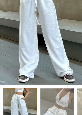 Beyaz Keten Rahat Kesim Kadın Pantolon - Görsel 4