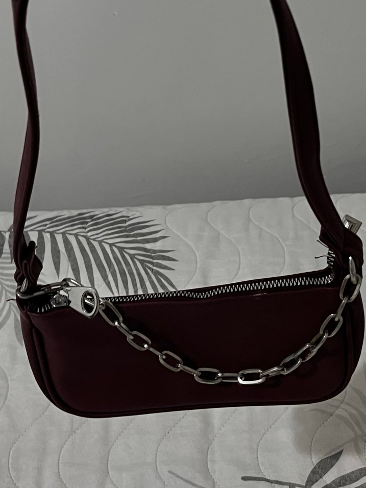 Bordo Zincir Detaylı Deri Kadın Çanta ADDAX - Görsel 2