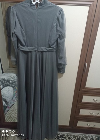 Gri Uzun Kollu Drapeli Abiye Elbise - Görsel 2