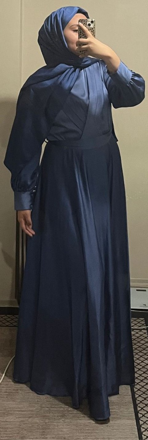 Lacivert Uzun Kollu V Yaka Kadın Elbise - Görsel 2