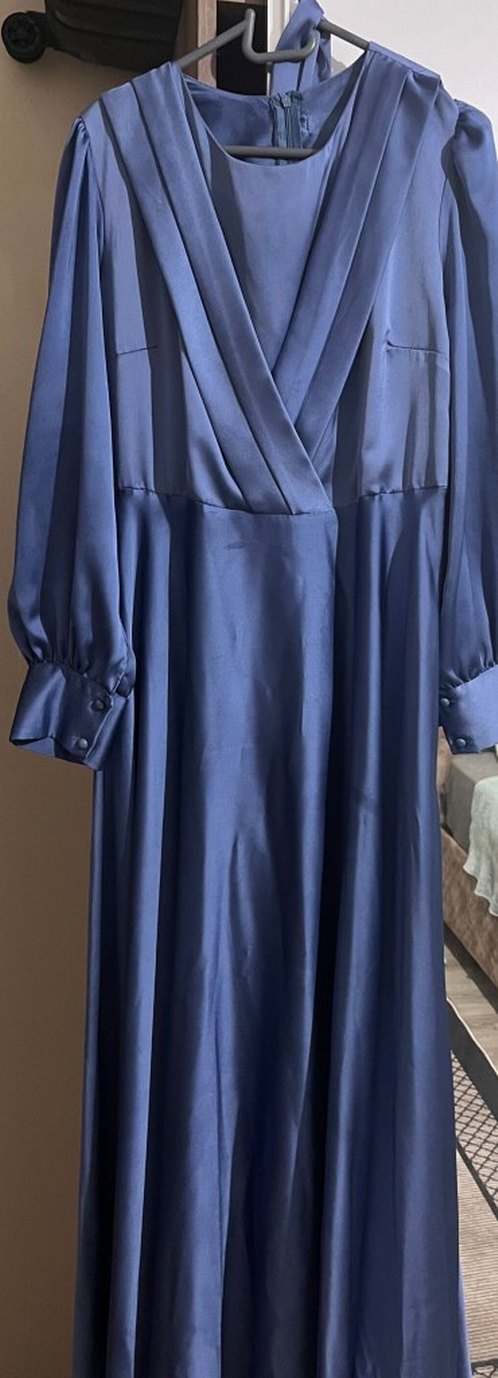 Lacivert Uzun Kollu V Yaka Kadın Elbise - Görsel 3