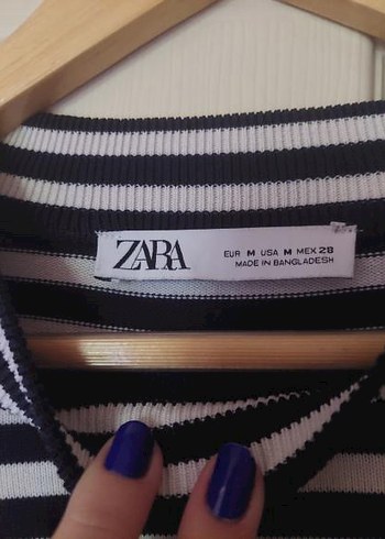 m Beden Mavi Beyaz Çizgili Kısa Kollu Crop Top