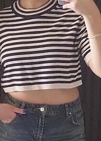m Beden mavi Renk Mavi Beyaz Çizgili Kısa Kollu Crop Top
