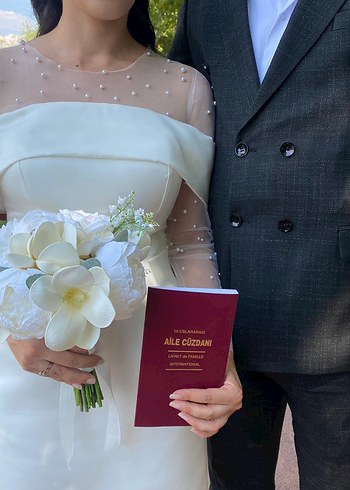 Diğer İnci Detaylı Mini Straplez Beyaz nikah elbisesi