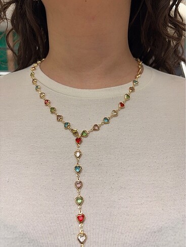 Renkli Kalp Taşlı Gold Zincirli Y Kolye İLAN İSTEYİNİZ - Görsel 6