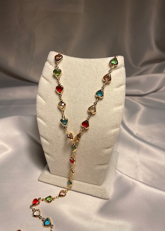 Renkli Kalp Taşlı Gold Zincirli Y Kolye İLAN İSTEYİNİZ - Görsel 2