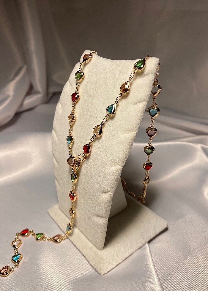 Renkli Kalp Taşlı Gold Zincirli Y Kolye İLAN İSTEYİNİZ - Görsel 3