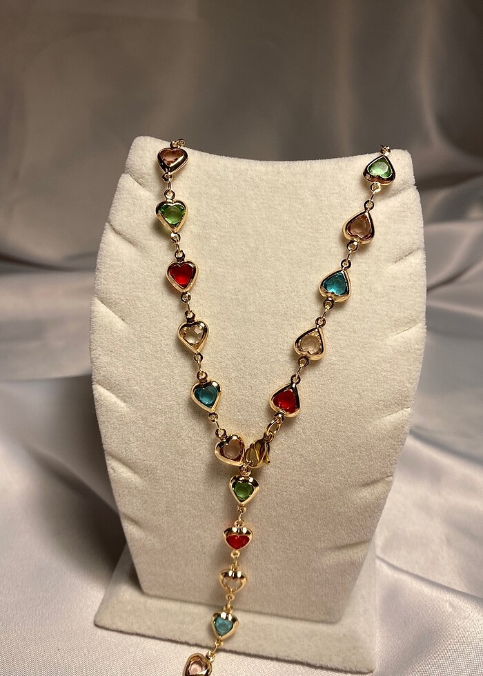 Renkli Kalp Taşlı Gold Zincirli Y Kolye İLAN İSTEYİNİZ - Görsel 5