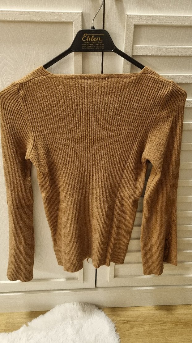 V Yaka Taba Örgü Kadın Kazak - Görsel 2