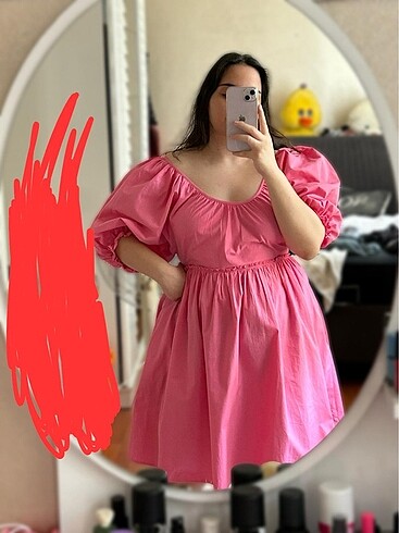 Pembe balon kol elbise