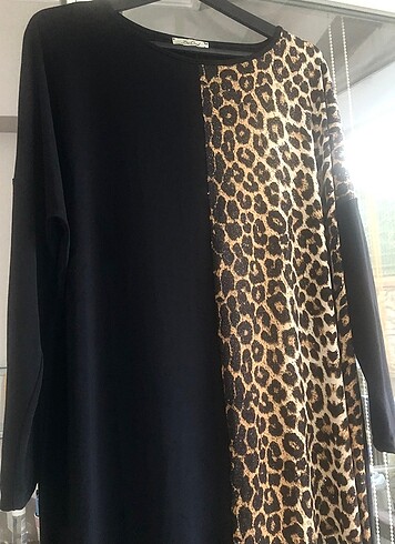 48 Beden siyah Renk Leopar desen elbise