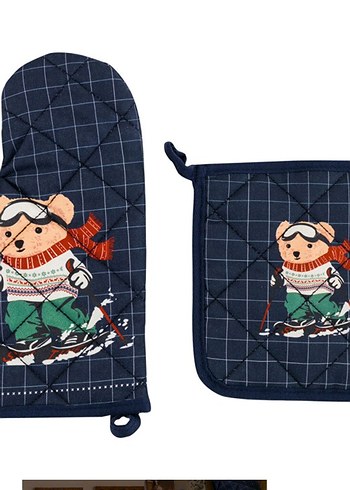 Koyu Mavi Nakışlı Fırın Eldiveni Seti - Görsel 5