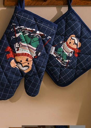 Koyu Mavi Nakışlı Fırın Eldiveni Seti - Görsel 2