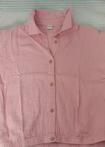 13/14 yaşa uygun Pembe Keten Kısa Kollu Gömlek