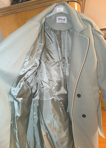 su yeşili midi kadın kaban, düğmeli, Notch yaka - Görsel 3