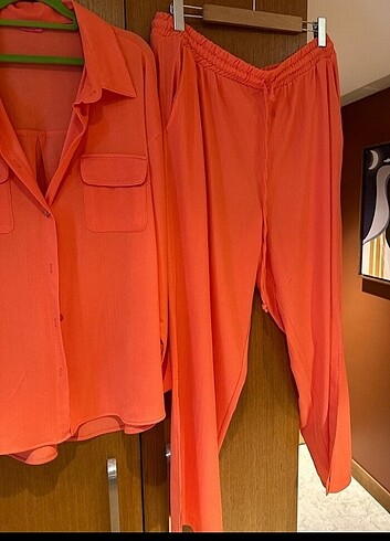 canlı turuncu ikili takım beli lastikli paçası yırtmaçlı 44-50 - Görsel 4