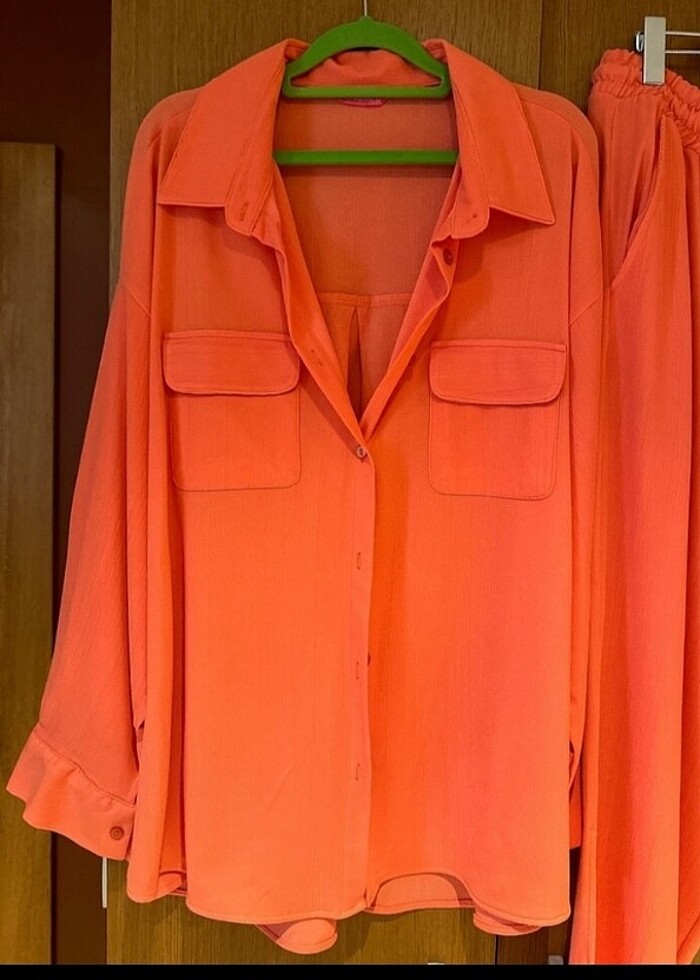 canlı turuncu ikili takım beli lastikli paçası yırtmaçlı 44-50 - Görsel 3