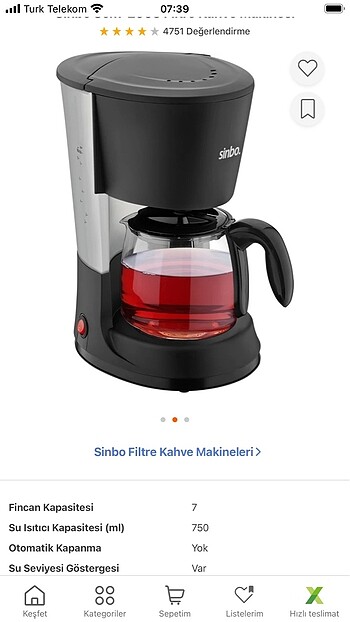 Sinbo filtre kahve makinesi