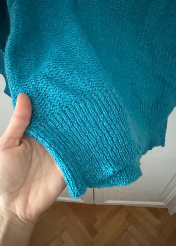 Turkuaz Yüksek şal Yakalı Örgü Kadın Kazak - Görsel 5