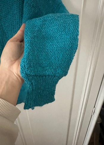 Turkuaz Yüksek şal Yakalı Örgü Kadın Kazak - Görsel 6