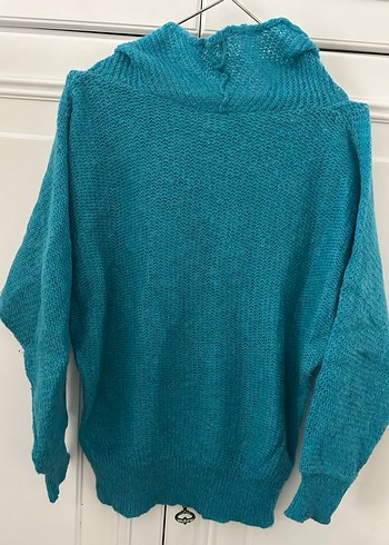 Turkuaz Yüksek şal Yakalı Örgü Kadın Kazak - Görsel 7