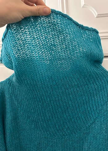Turkuaz Yüksek şal Yakalı Örgü Kadın Kazak - Görsel 3