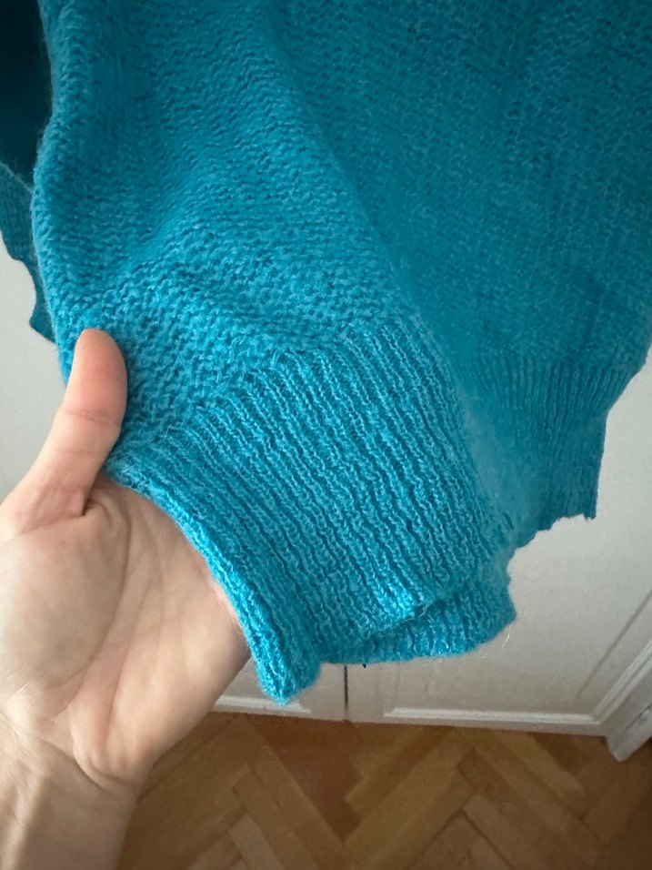 Turkuaz Yüksek şal Yakalı Örgü Kadın Kazak - Görsel 5