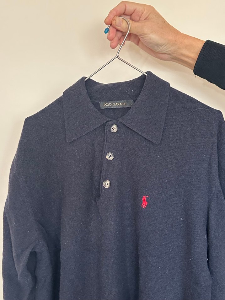 Lacivert Düğmeli Yün Erkek Kazak - Görsel 4