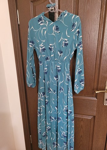 Mavi Bağlamalı V Yaka Uzun Kadın Elbise - Görsel 6