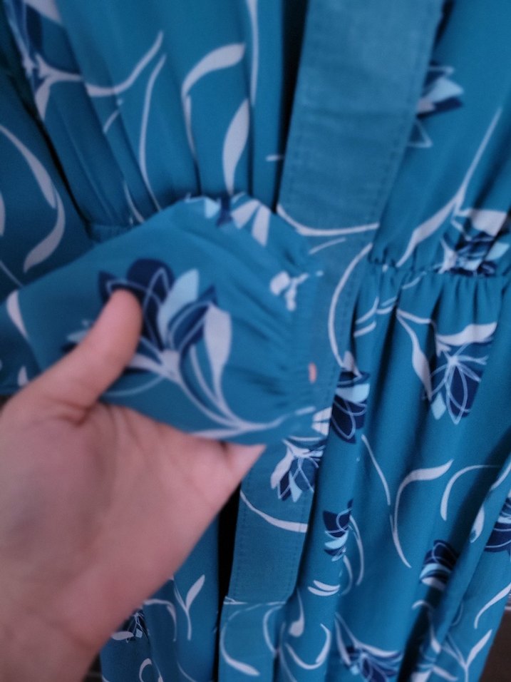 Mavi Bağlamalı V Yaka Uzun Kadın Elbise - Görsel 3