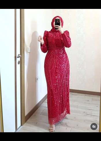 Bordo Parlak Uzun Abiye Elbise
