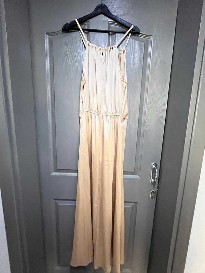 Bej Uzun Askılı Drapeli Kadın Elbise - Görsel 3